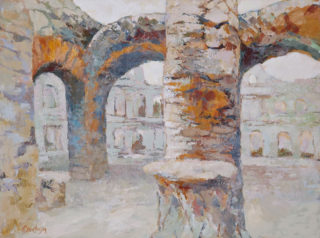 An Acrylic painting by Ekaterina Mortensen in the Abstract Expressionist style  depicting Buildings with main colour being Brown Grey and Ochre and titled ROMAN RELICTS ARCHES