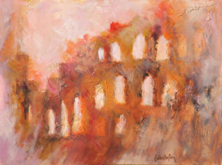 An Acrylic painting by Ekaterina Mortensen in the Abstract Expressionist style  depicting Buildings with main colour being Brown Ochre and Pink and titled ROMAN RELICTS No. 3