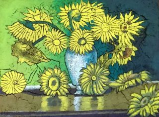 An Acrylic painting by Naji Sassine depicting Flowers and titled Sunflower Still Life