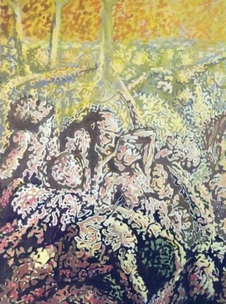 An Acrylic painting by Naji Sassine in the Abstract style  with main colour being Blue Brown and Green and titled Confusion of Life – Panel  1