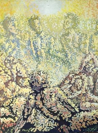 An Acrylic painting by Naji Sassine in the Abstract style  with main colour being Blue Green and Pink and titled Confusion of Life – Panel  2