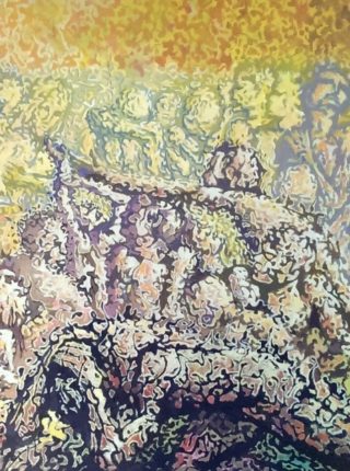 An Acrylic painting by Naji Sassine in the Abstract style  with main colour being Blue Green and Grey and titled Confusion of Life  – Panel  3