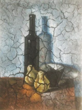 An Acrylic painting by Naji Sassine depicting Still Life Bottles and Fruit with main colour being Blue Brown and Grey and titled Bottle with Pear Still Life