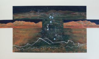 An Acrylic painting by Heather Lorenzon in the Contemporary Realist style  depicting Desert Night and Outback with main colour being Black Brown and Gold and titled Star Gazing over the Flinders Ranges