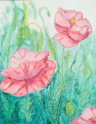 A Mixed Media artwork by Alex Mortensen in the Realist Impressionist style  depicting Flowers and Garden with main colour being Green and Pink and titled POPPY GARDEN 2014