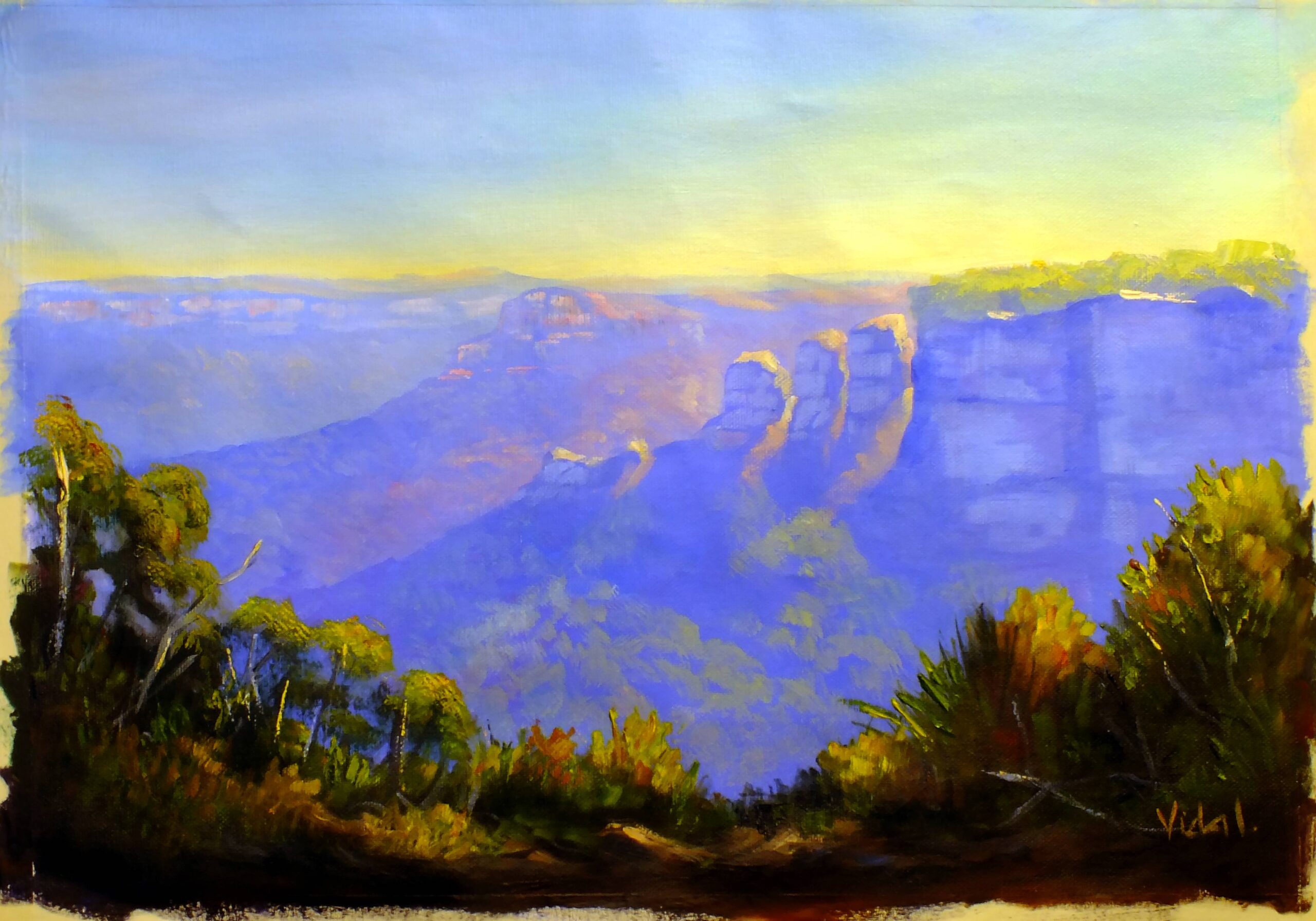 Oil Painting by Christopher Vidal titled Mid afternoon on Three Sisters from Leura