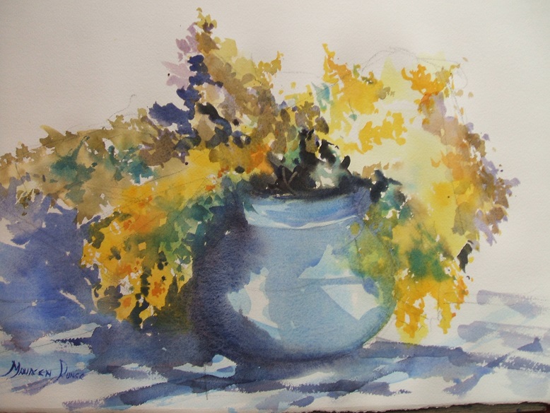 Watercolour Painting by Maureen Runge titled WATTLE IN BLUE