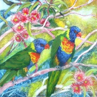 An Acrylic painting by Yvonne West in the Realist style  depicting Animals Birds with main colour being Blue Green and Pink and titled Lorikeets