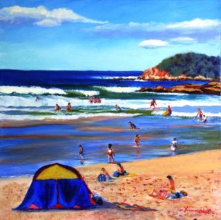 An Acrylic painting by Yvonne West in the Realist style  depicting Beach Water and Waves with main colour being Blue Green and Olive and titled Fairy Bower Beach
