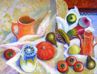 An Acrylic painting by Yvonne West depicting Still Life Drapery Fruit and Jugs with main colour being Blue Orange and White and titled Still Life With Persimmons