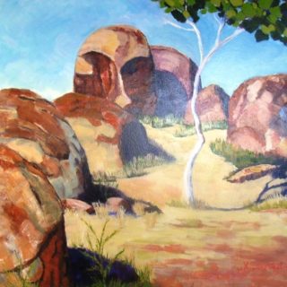 An Acrylic painting by Yvonne West in the Realist style  depicting Landscape Outback and Rocks and titled The Devil's Marbles