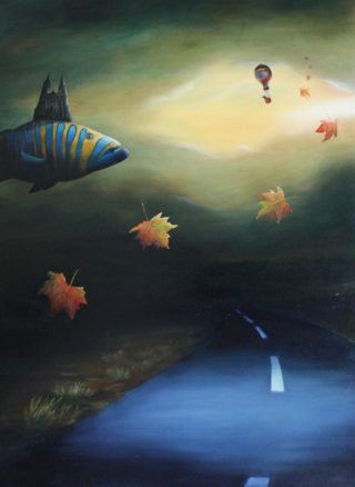 An Oil painting by Christopher McClelland in the Surrealist style  depicting  Buildings Desert and Fish and titled Chartres Cathedral over the Great Eastern Highway