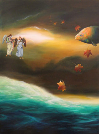 An Oil painting by Christopher McClelland Fantasy Fish and Man and titled Peregino's Angels over the Indian Ocean