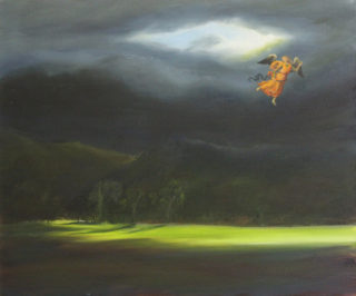 An Oil painting by Christopher McClelland Fantasy Farmland and Garden and titled Perugino's Angel over a Southwest landscape