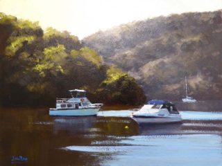 An Oil painting by John Rice in the Realist Impressionist style  depicting Boats and River with main colour being Blue Green and Grey and titled Boats On The Hawkesbury