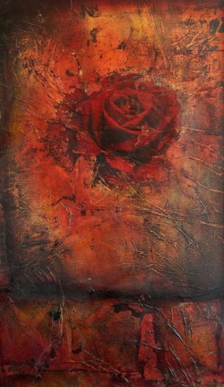 An Oil painting by Christopher McClelland depicting Flowers with main colour being Gold and Red and titled Burnt Earth & Rose No. 1