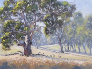 An Oil painting by John Rice in the Realist Impressionist style  depicting Landscape Farmland Rural and Trees with main colour being Blue Grey and Ochre and titled Crudine Country