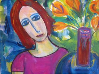 A  painting by Gail Edmonds in the Abstract Expressionist style  Flowers and Woman with main colour being Blue Brown and Orange and titled Lady with Flowers