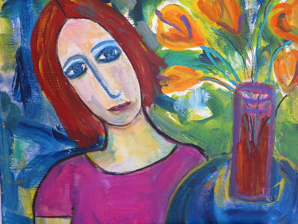 Acrylic Painting by Gail Edmonds titled Lady with Flowers