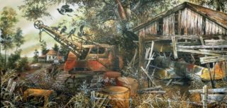 A  painting by Gary Woodfield depicting Landscape Machinery and Sheds with main colour being Brown Green and Grey and titled Where Old Things Rust