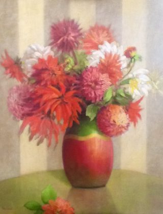 An Oil  painting  by Australian artist Helen Paulucci in the Realist Impressionist style  depicting Flowers and Vases with main colour being Green, Grey and Orange and titled Chrysanthemums in red vase