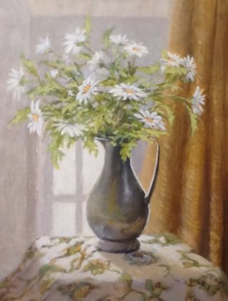 An Acrylic  painting  by Australian artist Helen Paulucci in the Realist Impressionist style  depicting Flowers, Jugs and Vases with main colour being Brown, Gold and Green and titled White Daisies in a Pewter Jug