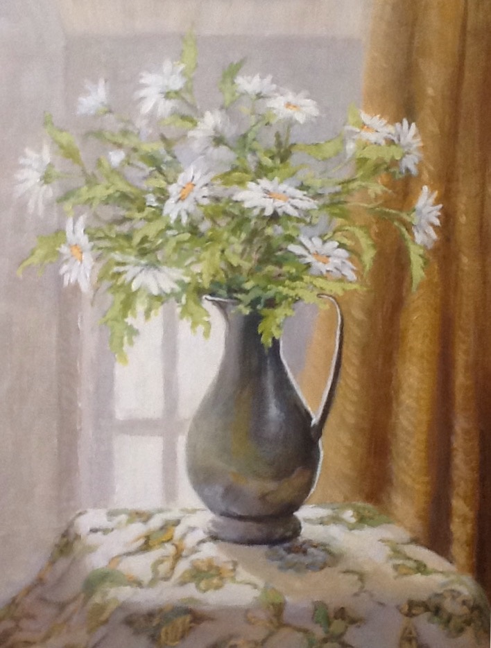 Acrylic Painting by Helen Paulucci titled White Daisies in a Pewter Jug