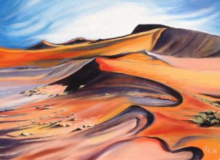 An Oil painting by Lesley Rosochodski depicting Landscape Desert and Outback with main colour being Blue Orange and Pink and titled Dunes