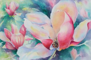 A Watercolour painting by Maxine Collins in the Realist Impressionist style  depicting Flowers with main colour being Blue Green and Pink and titled Magnolias