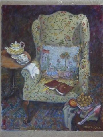 Oil Painting by Mary Larnach-Jones titled A Cup of Tea and a Good Read