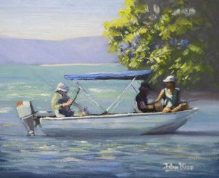 An Oil painting by John Rice in the Realist Impressionist style  depicting People Boats Girl and Lake with main colour being Blue and Green and titled Saturday Morning Well Spent