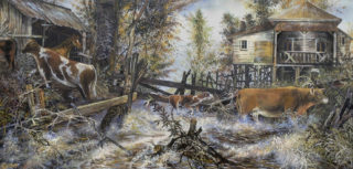 An Acrylic painting by GARY WOODFIELD in the Realist style  depicting Animals Creek and Farmland with main colour being Brown Grey and Ochre and titled THE BITTER SURGE