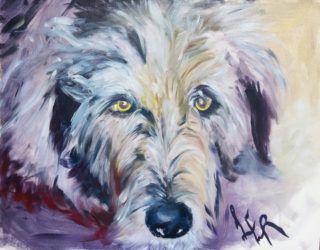 An Oil painting by Lesley Rosochodski in the Contemporary Realist style  depicting Animals and Dogs with main colour being Grey Ochre and Purple and titled It's a Dog's Life