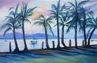 An Oil painting by Lesley Rosochodski in the Contemporary Realist style  depicting Landscape Beach River and Sunset with main colour being Blue Gold and Orange and titled Sunset at Port Douglas