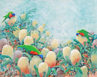 An Acrylic painting by Maxine Collins in the Realist Impressionist style  depicting Animals and Flowers with main colour being Blue Cream and Green and titled A Banksia Breakfast