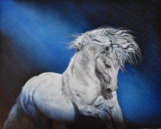 A Scratchboard painting by Carol Gorenko in the Realist style  depicting Animals and Horses with main colour being Black Blue and Grey and titled Freedoms Dance