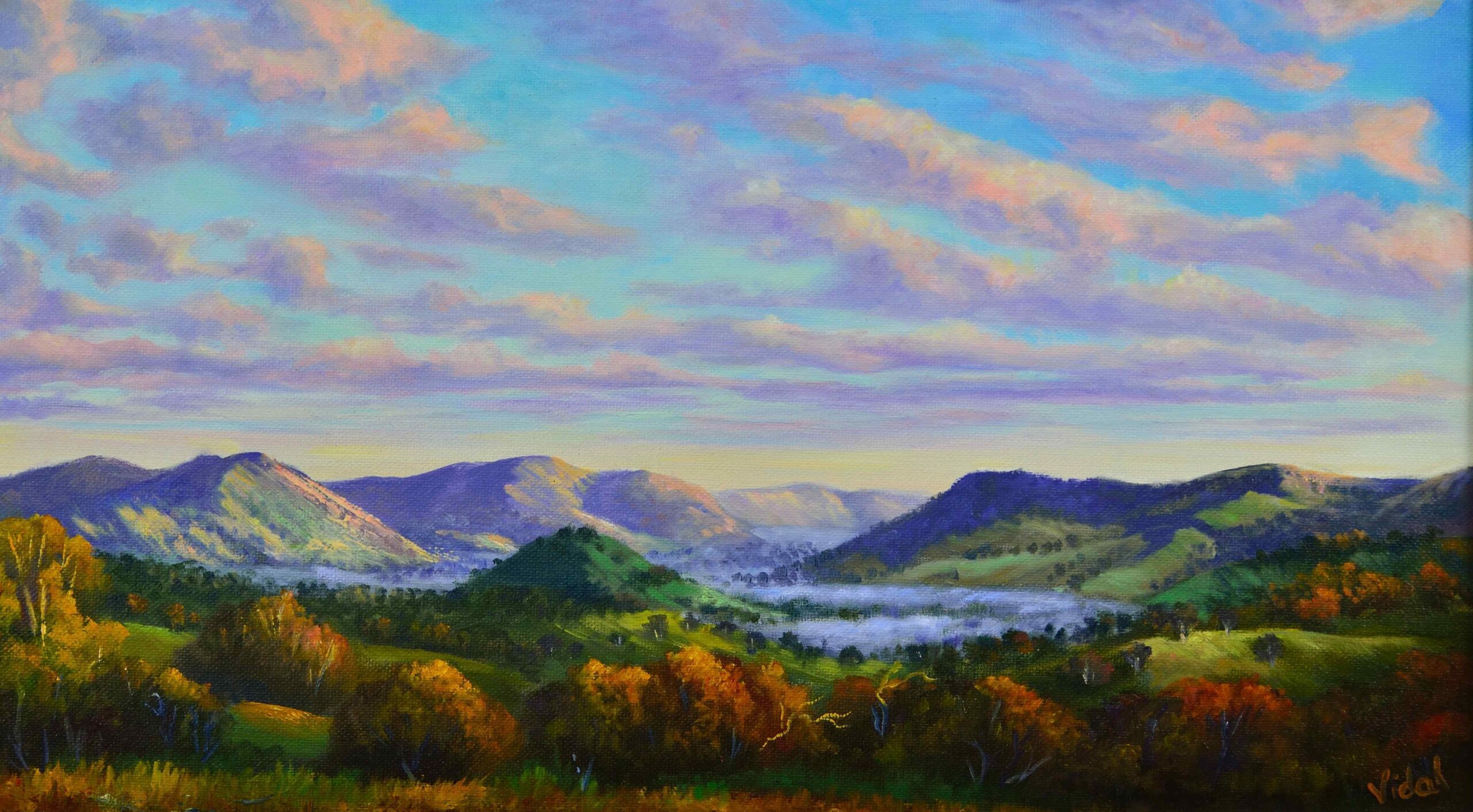 Oil Painting by Christopher Vidal titled Early Morning Mist At Reids Flat, NSW