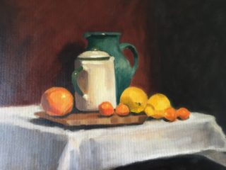 An Oil painting by Kathryn Morgana-Aprile in the Realist style  depicting Still Life Fruit and Jugs with main colour being Brown Cream and Orange and titled Still Life with Kumquats & Lemons