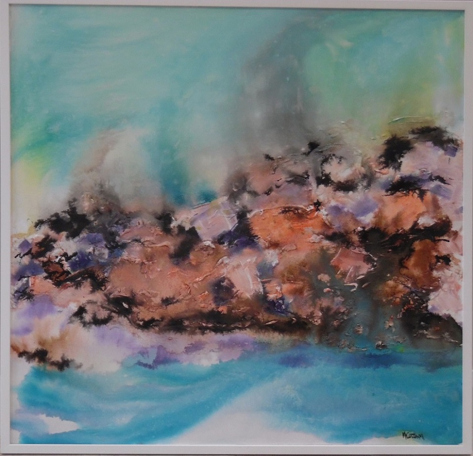 Mixed Media Painting by Mary Cottam titled Sea and Rocks