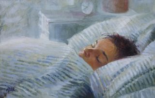 An Oil painting by Pauline Adair in the Realist Impressionist style  depicting Woman Boy Children and Night with main colour being Blue and Grey and titled Son in the Morning