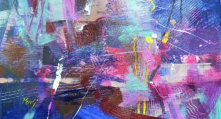 An Acrylic painting by Penelope Gilbert-Ng in the Abstract style  Music with main colour being Blue Pink and Purple and titled Music