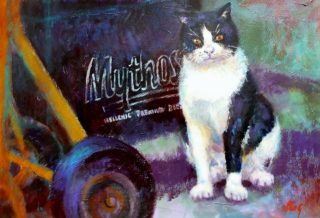 An Acrylic painting by Penelope Gilbert-Ng in the Realist style  depicting Animals Cats with main colour being Black Brown and Grey and titled Mythsterious Cat