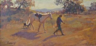 An Acrylic painting by Penelope Gilbert-Ng in the Realist Impressionist style  depicting Animals Horses and Rural with main colour being Brown and titled Off to Work