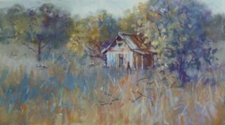 A Pastel painting by Penelope Gilbert-Ng in the Realist Impressionist style  depicting Landscape Buildings Rural and Sheds with main colour being Blue Brown and Cream and titled Old House