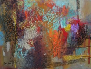 A Pastel painting by Penelope Gilbert-Ng in the Abstract style  with main colour being Blue Brown and Grey and titled Webs we Weave