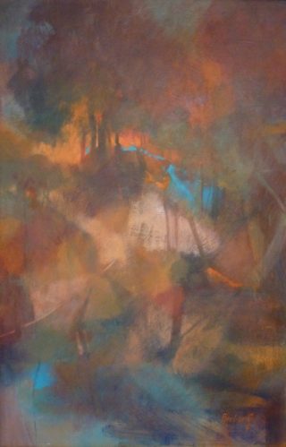 An Acrylic painting by Penelope Gilbert-Ng in the Abstract style  with main colour being Blue Brown and Orange and titled Earthly Riches