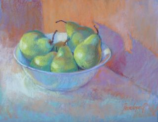 A Pastel painting by Penelope Gilbert-Ng in the Realist Impressionist style  depicting Fruit with main colour being Blue Green and Grey and titled Pears