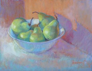 A Pastel artwork by Penelope Gilbert-Ng in the Realist Impressionist style  depicting Fruit with main colour being Blue Green and Grey and titled Pears