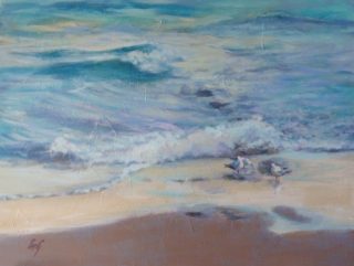 An Acrylic painting by Penelope Gilbert-Ng in the Realist Impressionist style  depicting Beach with main colour being Blue Brown and Ochre and titled Sunset Glow