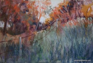 A Pastel painting by Penelope Gilbert-Ng in the Impressionist style  depicting Landscape Rural with main colour being Blue Brown and Grey and titled Winter Glow